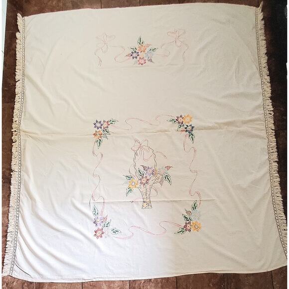 Vintage Hand Embroidered Twin Bedspread Flower Basket Fringe and Border Stripes - Picture 1 of 7